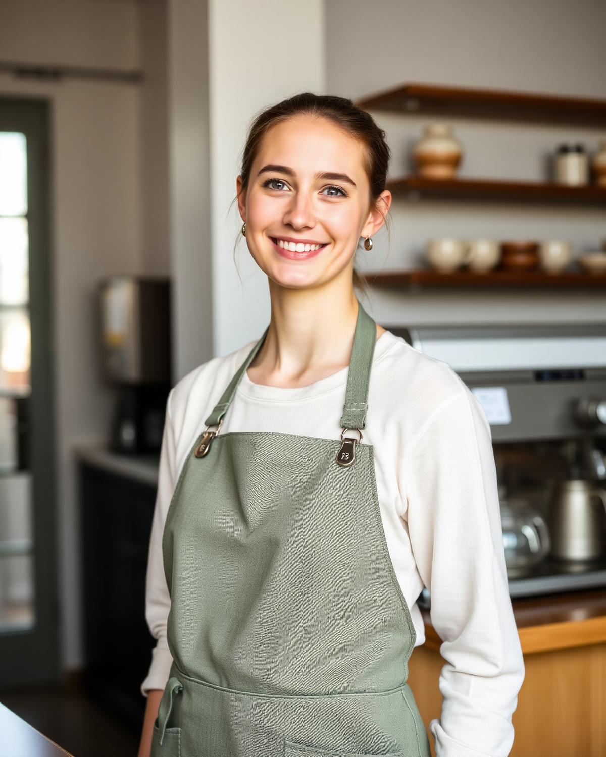 Portrait of a Kinsfolk barista in a sage linen apron