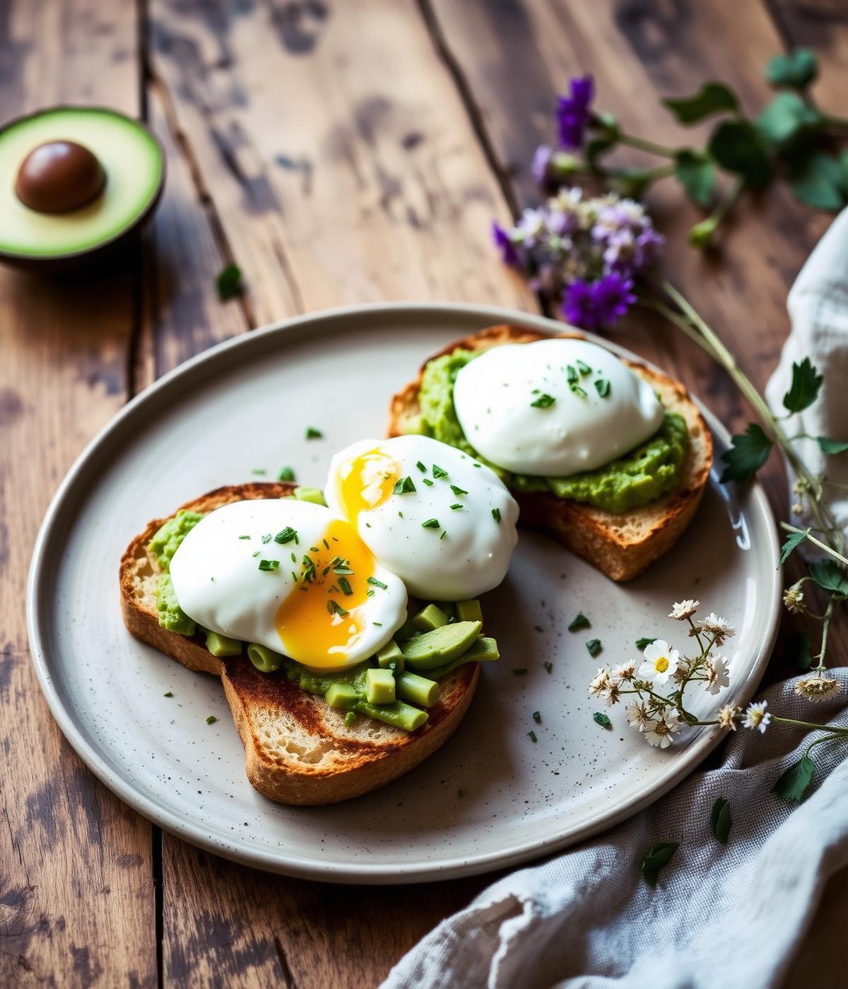 Poached eggs and avocado on sourdough on a wooden table