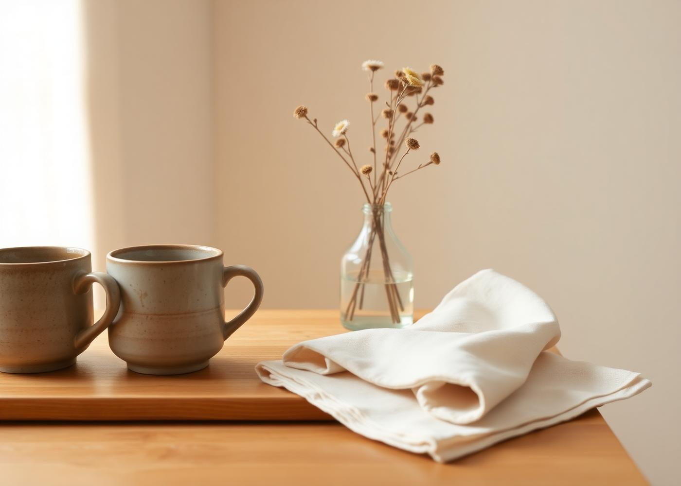 Handmade ceramic cups and a small vase of dried flowers