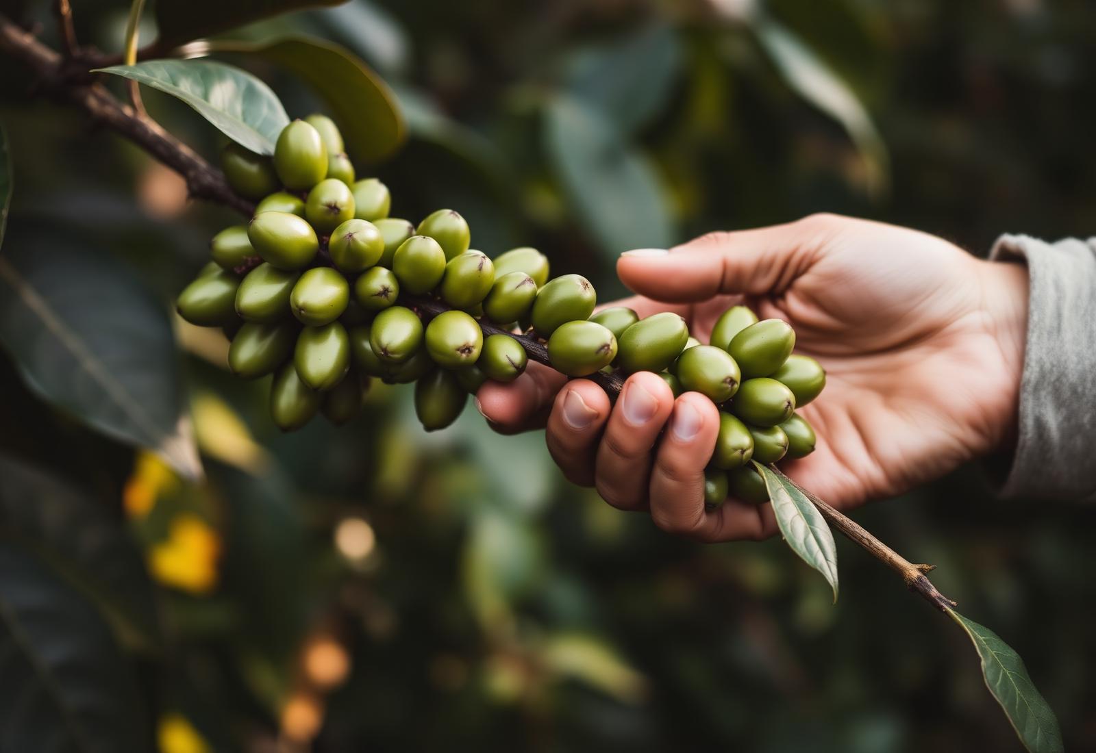 Farmer holding a branch of green coffee cherries