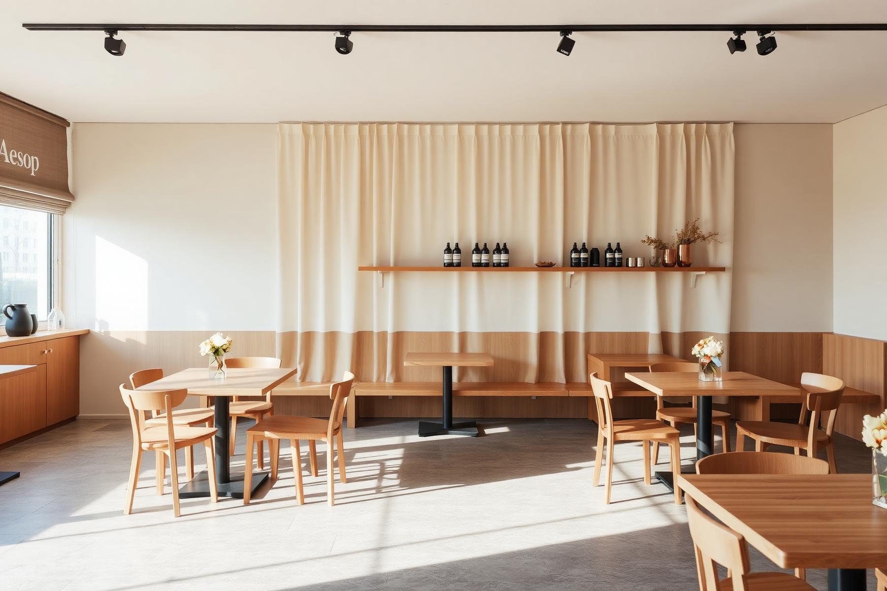Sunlit interior of Kinsfolk café with oak tables and linen curtains