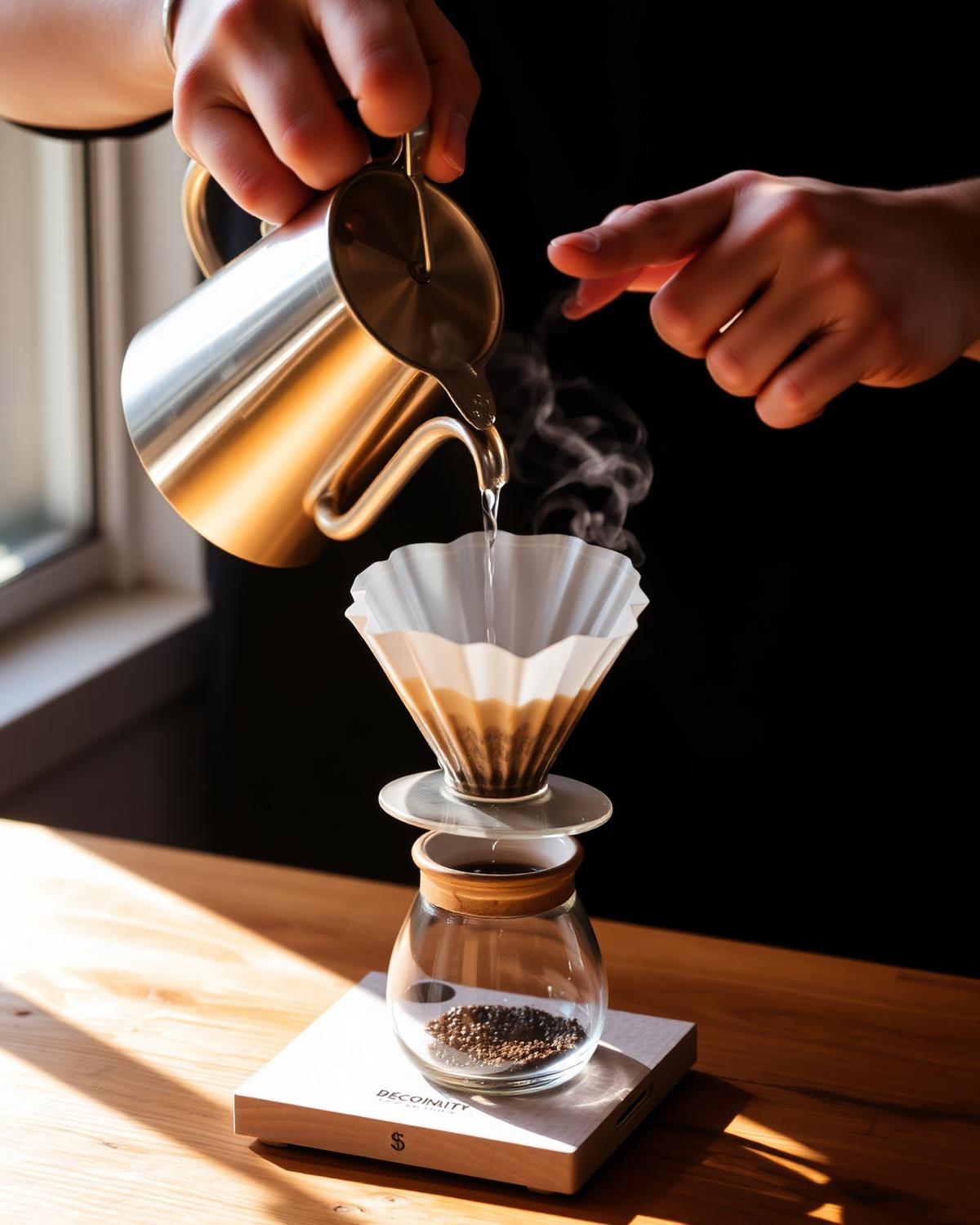 Barista pouring water over a paper filter